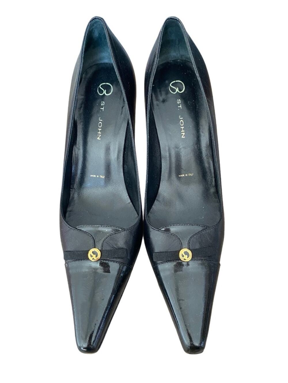 St. John Black Pointed Toe Pumps Cap Toe with Gold Accent Bow size 6.5